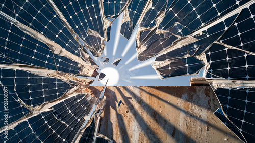 Close-up of shattered solar panels with the sun shining through the broken glass, highlighting the fragility and damage of solar technology in an outdoor setting. photo