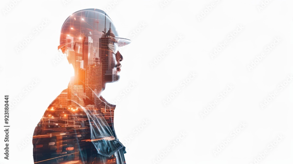 A man in a hard hat stands in front of a city skyline A man in a hard hat stands in front of a city skyline