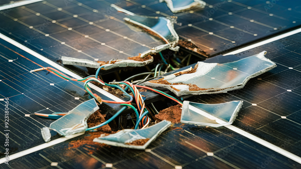 Close-up of a shattered solar panel with exposed wires and broken glass ...