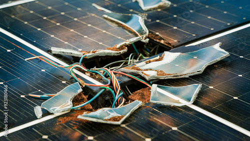 Close-up of a shattered solar panel with exposed wires and broken glass, illustrating the severe damage and deterioration of solar energy infrastructure. photo