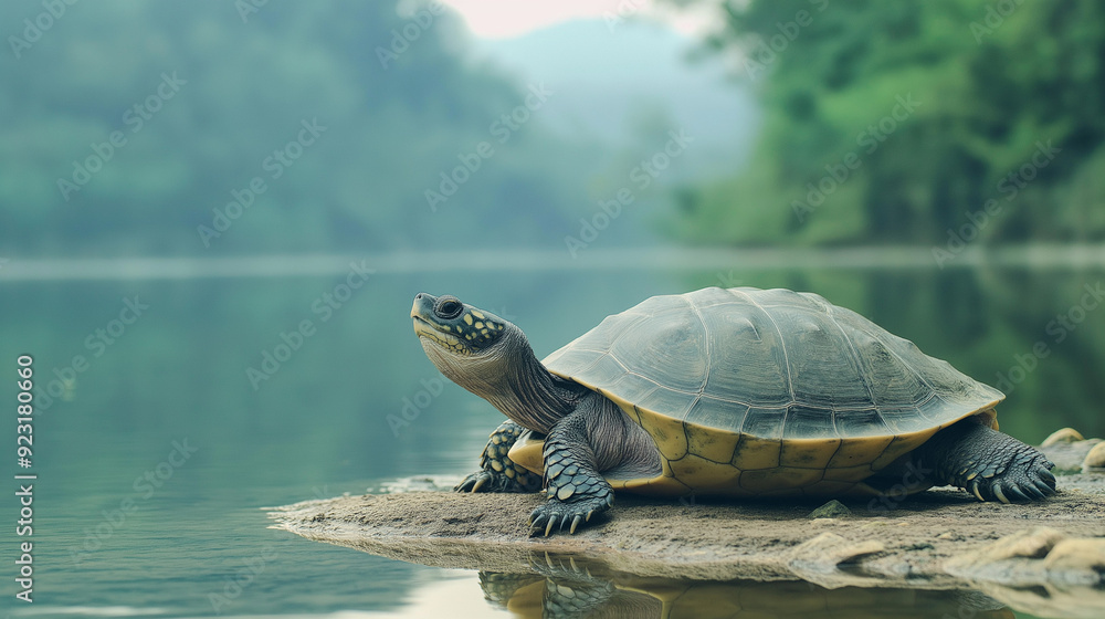 Fototapeta premium A turtle resting on a rock, grass, and shore near a calm pond, surrounded by nature and wildlife