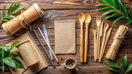 Eco-friendly products on rustic wooden table, including bamboo utensils, reusable straws, and recycled paper notes, promoting environmentally responsible lifestyle choices. photo