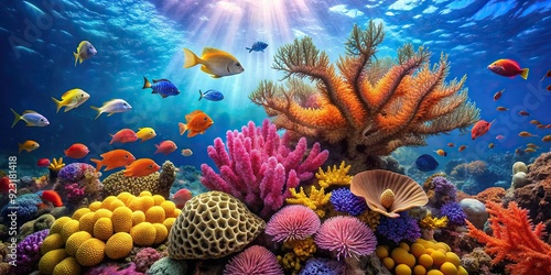 Colorful coral formations teeming with diverse marine life, including tropical fish, sea fans, and brain coral, set against a bright blue ocean background. photo