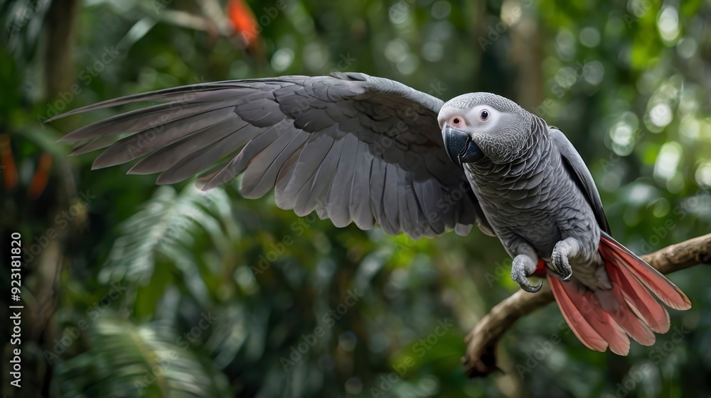 African grey parrot in flight, close-up in tropical rainforest African grey parrot in flight, close-up in tropical rainforest