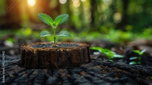 Small Tree Growing Against Sunrise for Green World and Earth Day, A small sapling pushing up from the earth and reaching towards the sun, embodying growth and possibilities