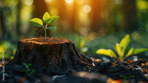 Small Tree Growing Against Sunrise for Green World and Earth Day, A small sapling pushing up from the earth and reaching towards the sun, embodying growth and possibilities