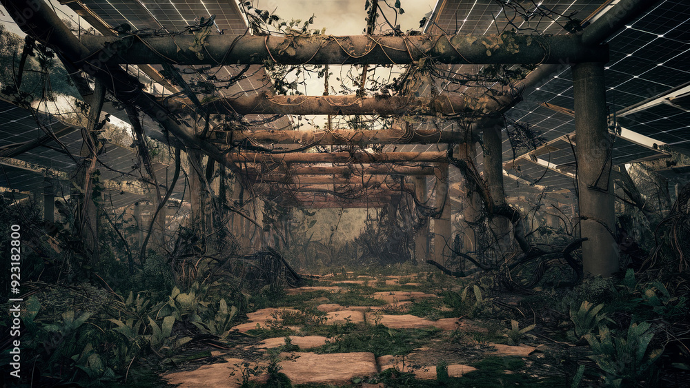 Abandoned solar panel facility overtaken by vines and wild vegetation, representing the intersection of nature reclaiming technology and the decline of renewable energy infrastructure.