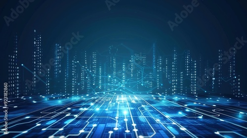 Digital cityscape with glowing lines and binary code.