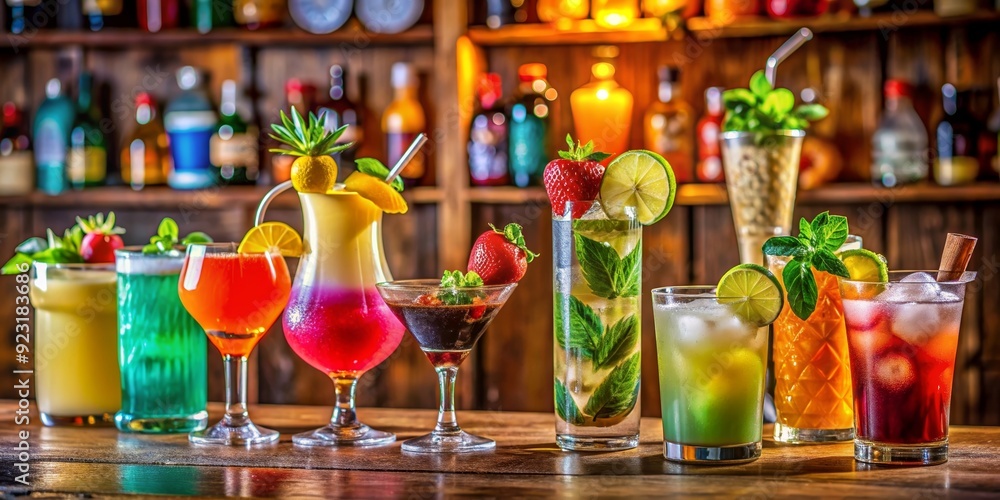 Close up of various colorful and tropical cocktail drinks on a wooden bar counter, cocktail, drinks, alcohol, party Close up of various colorful and tropical cocktail drinks on a wooden bar counter, cocktail, drinks, alcohol, party