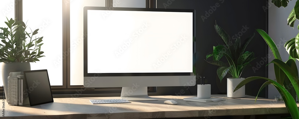 Minimalist Workspace with Blank Desktop Monitor, Tablet, and Plants Minimalist Workspace with Blank Desktop Monitor, Tablet, and Plants
