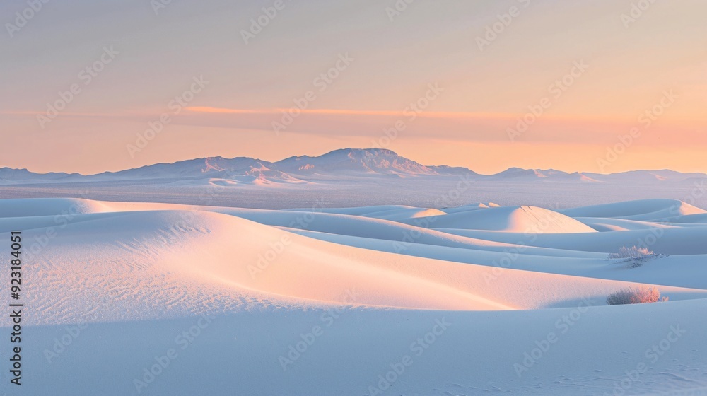 Obraz premium Serene desert scene at dusk with calm sand dunes and a peaceful twilight sky.