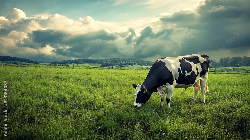 A beautiful black and white cow grazes peacefully in a lush green field surrounded by a serene pastoral landscape. Farming concept 