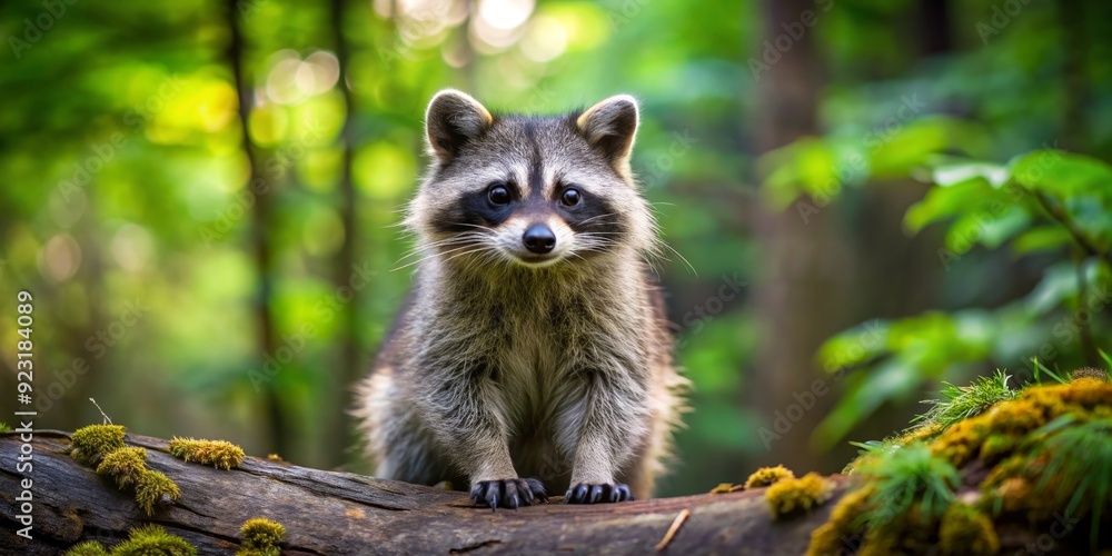 Fototapeta premium Playful raccoon in the forest, raccoon, animal, wildlife, nature, forest, cute, mammal, curious, outdoor, fur, masked