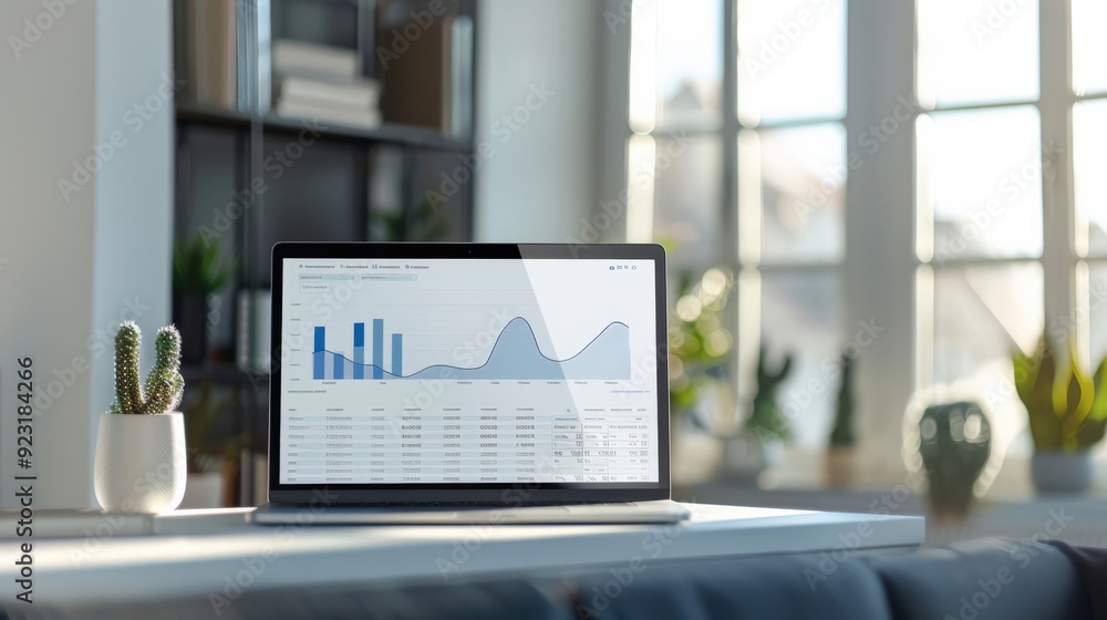 A laptop is open to a screen displaying a graph