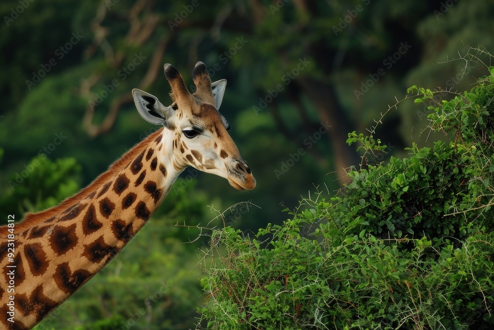 a giraffe gracefully browsing on leaves in a serene, sunlit savanna. Great for wildlife conservation campaigns and decorative wall art. a giraffe gracefully browsing on leaves in a serene, sunlit savanna. Great for wildlife conservation campaigns and decorative wall art.