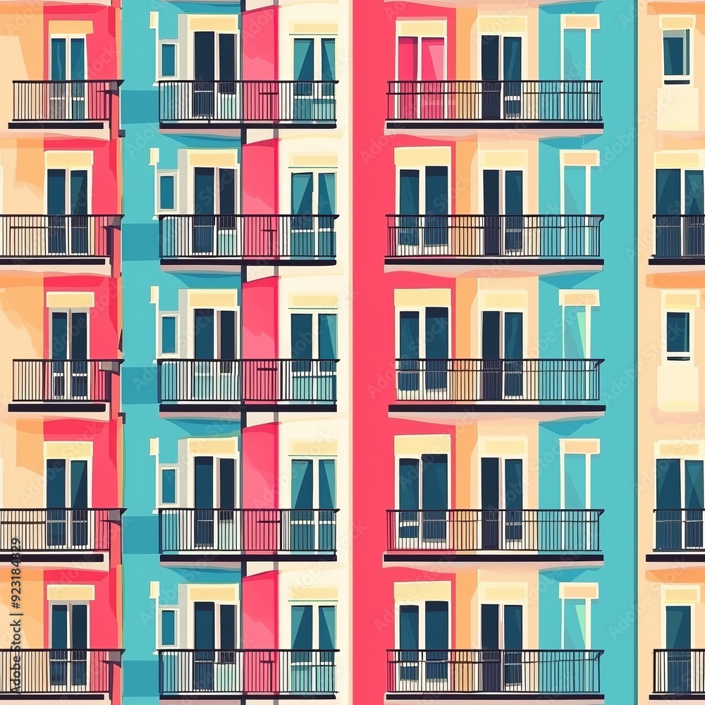 Seamless pattern of tiny colorful apartment buildings with balconies Seamless pattern of tiny colorful apartment buildings with balconies