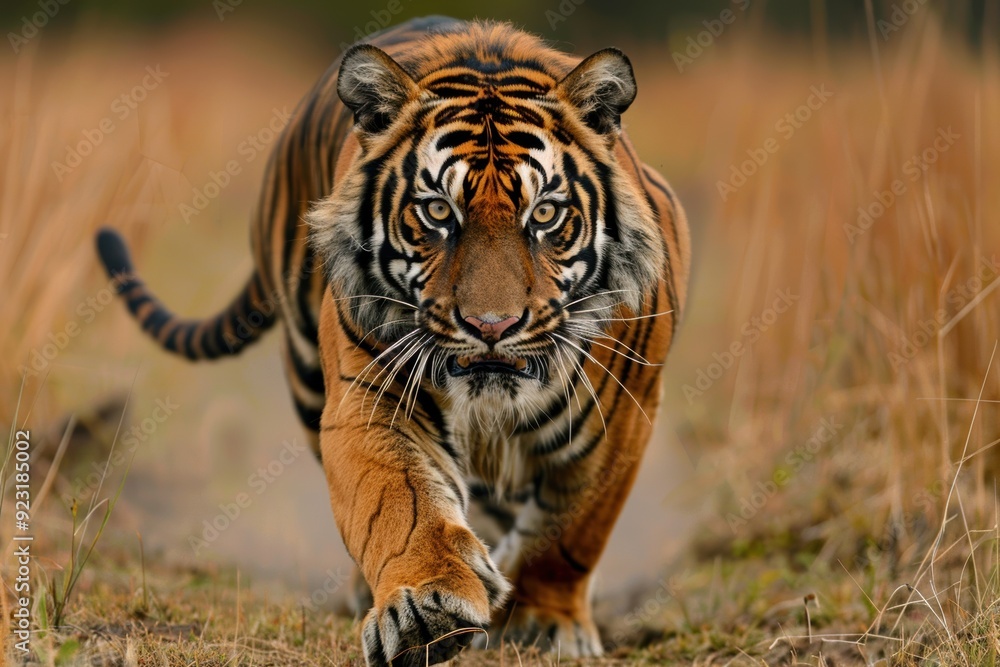 A fierce tiger prowls through the tall grass, its intense gaze locked on its prey. This powerful image captures the raw strength and majesty of this apex predator in the wild. A fierce tiger prowls through the tall grass, its intense gaze locked on its prey. This powerful image captures the raw strength and majesty of this apex predator in the wild.