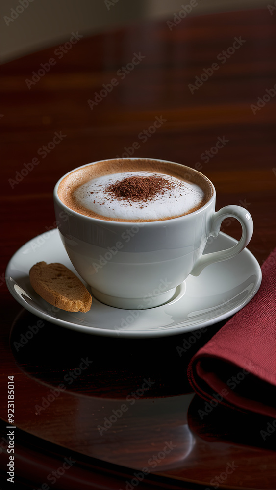 Cappuccino with frothy milk and cocoa powder, served in a white porcelain cup with a biscotti on the side, placed on a saucer with a folded red napkin on a polished wooden table Cappuccino with frothy milk and cocoa powder, served in a white porcelain cup with a biscotti on the side, placed on a saucer with a folded red napkin on a polished wooden table