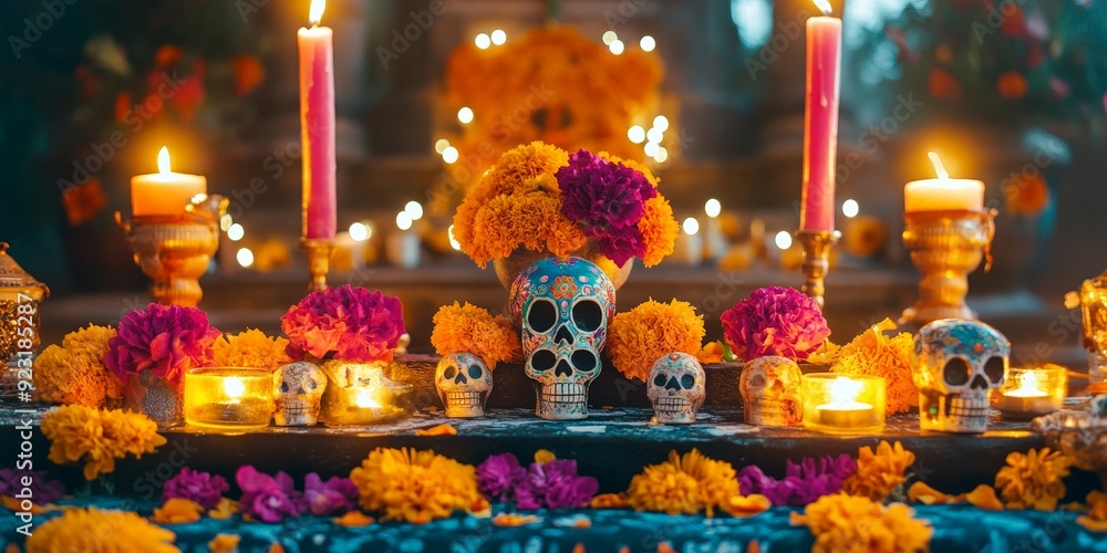 Naklejka premium Day of the Dead altar with colorful sugar skulls and candles, vibrant and festive
