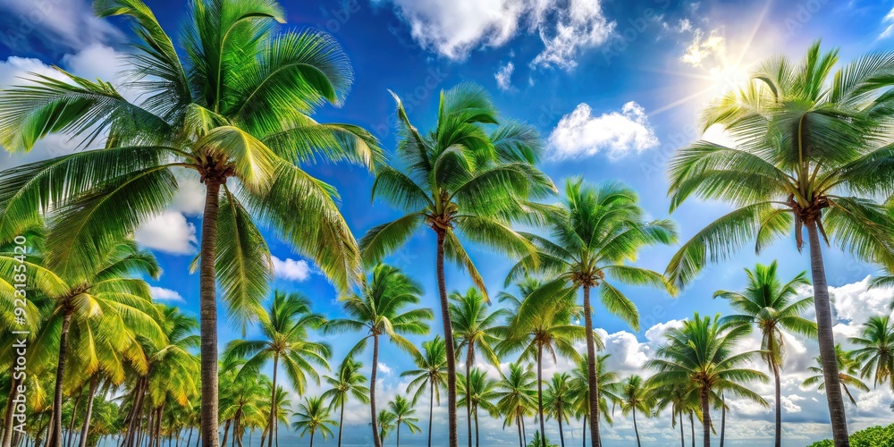 Serene tropical paradise featuring a cluster of lush green palm trees swaying gently in the breeze, set against a bright blue cloudless sky. Serene tropical paradise featuring a cluster of lush green palm trees swaying gently in the breeze, set against a bright blue cloudless sky.