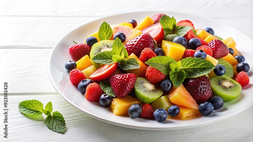 Fresh and healthy fruit salad in a white plate on a white background, fruit, salad, healthy, fresh, plate, white Fresh and healthy fruit salad in a white plate on a white background, fruit, salad, healthy, fresh, plate, white