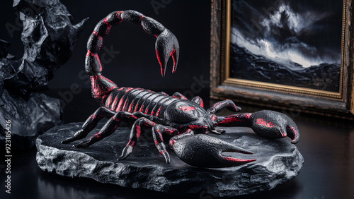 Striking and intense sculpture of a scorpio with red accents, displayed in a dark art gallery setting, emphasizing themes of danger, power, and mysticism with a detailed, lifelike design photo