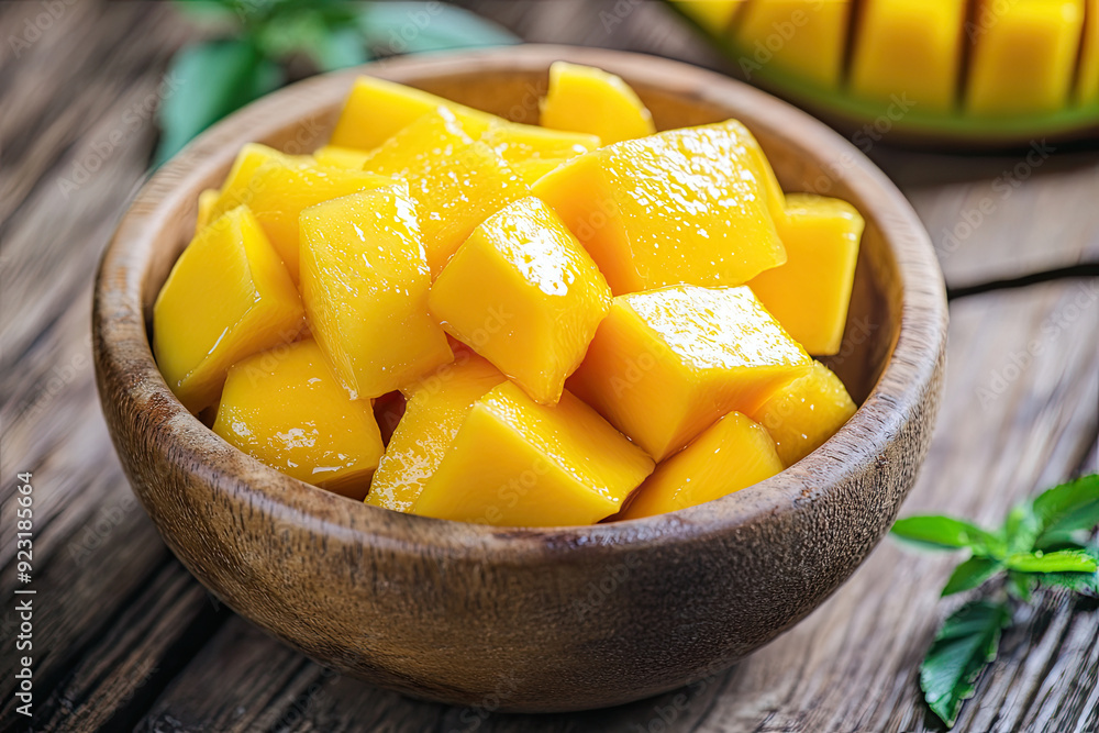 Fresh Mango Cubes in Wooden Bowl on Rustic Table Fresh Mango Cubes in Wooden Bowl on Rustic Table