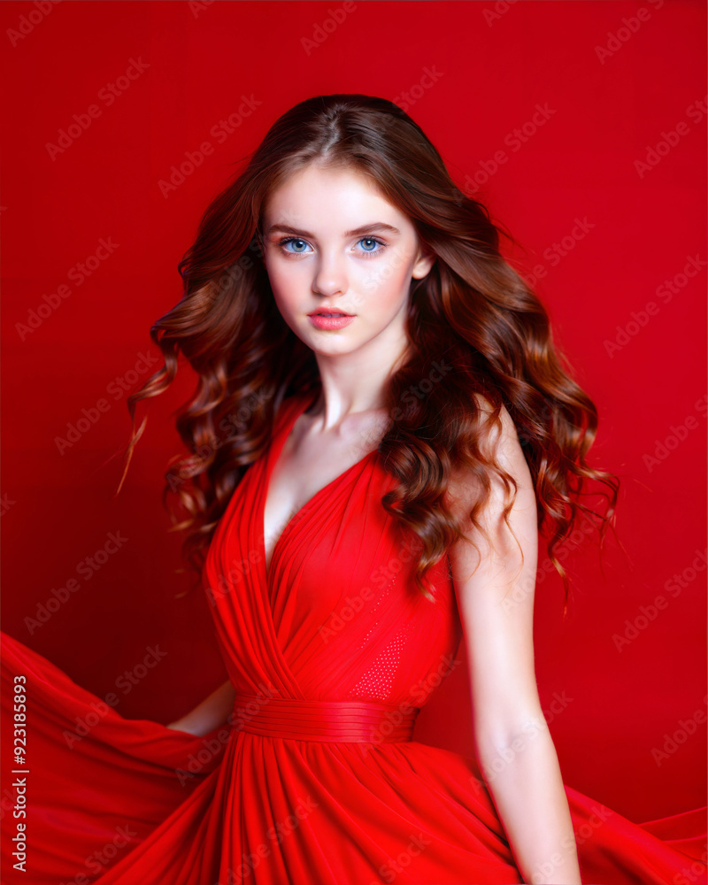 Fototapeta premium Young woman in red dress posing against red background