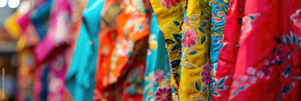 Fototapeta premium Close-up of colorful traditional dresses at a market.