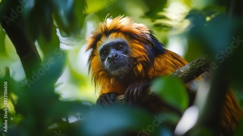 A black-faced lion tamarin resting on a branch in the Brazilian forest, its expressive face framed by leaves. photo