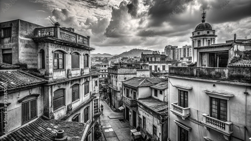 Obraz premium Monochrome Photo Diary of Urban Explorations: Black-and-white photography, cityscapes, street scenes, architectural details, documentary style