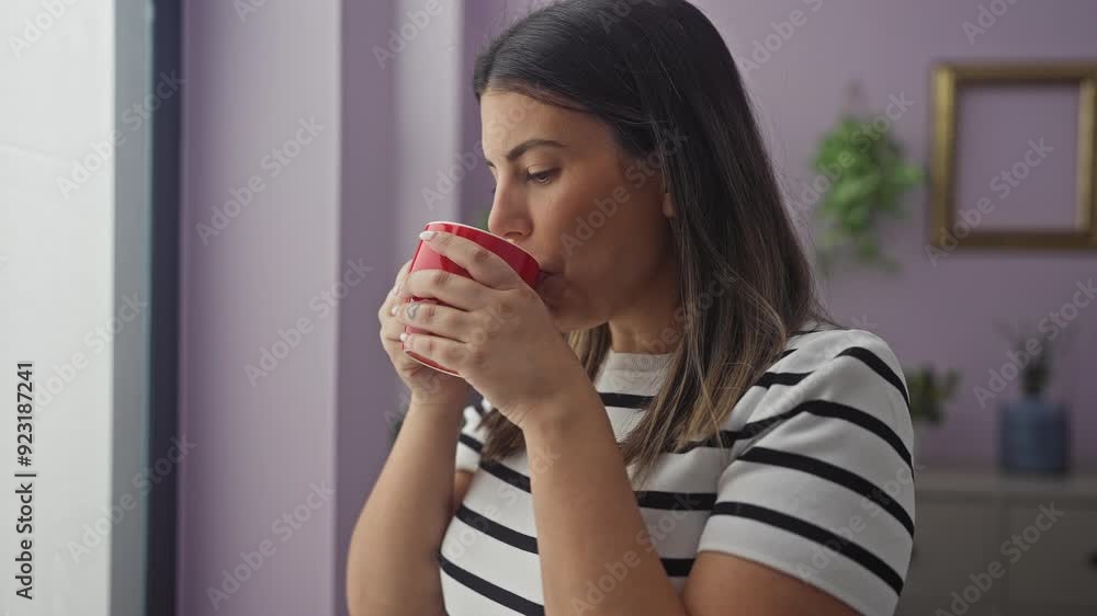 Young brunette woman enjoying a coffee at home in her living room holding a red mug and smiling, with indoor plants and a minimalist decor background. Young brunette woman enjoying a coffee at home in her living room holding a red mug and smiling, with indoor plants and a minimalist decor background.