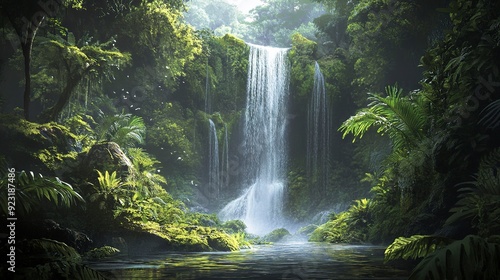 Waterfall in deep tropical rainforest with green plants, moss, ferns.