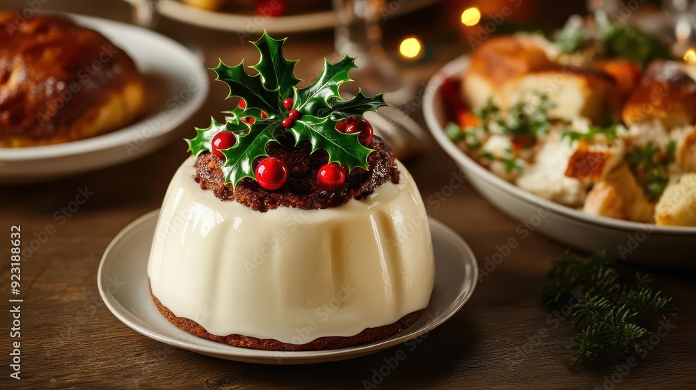 A traditional holiday pudding topped with holly, set beside a beautifully prepared Christmas dinner A traditional holiday pudding topped with holly, set beside a beautifully prepared Christmas dinner
