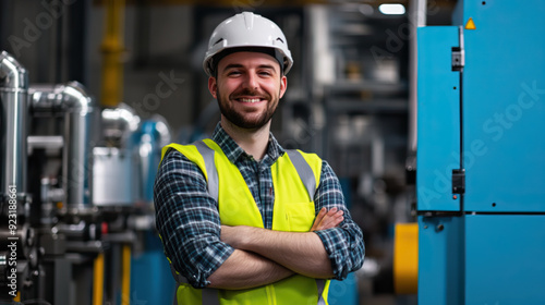 A handsome male worker wearing a safety helmet and yellow vest is standing in front of the machines with his arms crossed