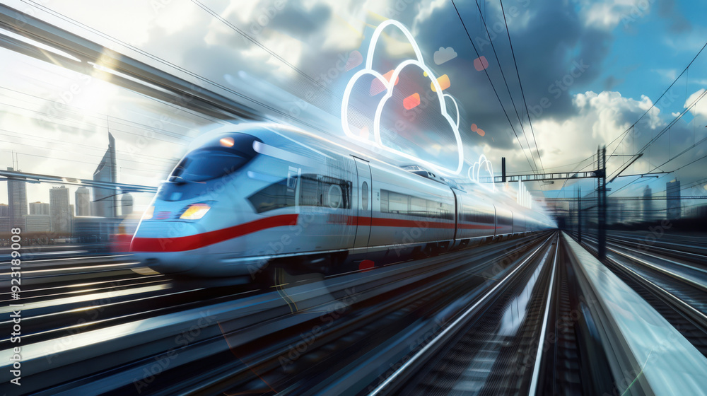 Naklejka premium A train is speeding down the tracks with a cloud in the background