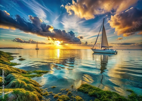 Serene sunset over calm turquoise waters as a sailboat glides smoothly, its white sails billowing, amidst a scattering of seaweed and anchored vessels in distance. photo