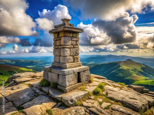 Ancient, weathered stone pedestal stands firmly on a windswept mountain peak, symbolizing unwavering resilience and unshakeable determination against the forces of nature. photo