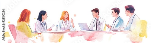 A diverse group of healthcare professionals engaged in discussion during a meeting. Collaboration and teamwork in medicine.