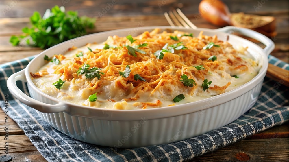 Creamy white fish casserole with melted cheese, tangy sour cream and crispy onions, white fish, casserole, cheese Creamy white fish casserole with melted cheese, tangy sour cream and crispy onions, white fish, casserole, cheese
