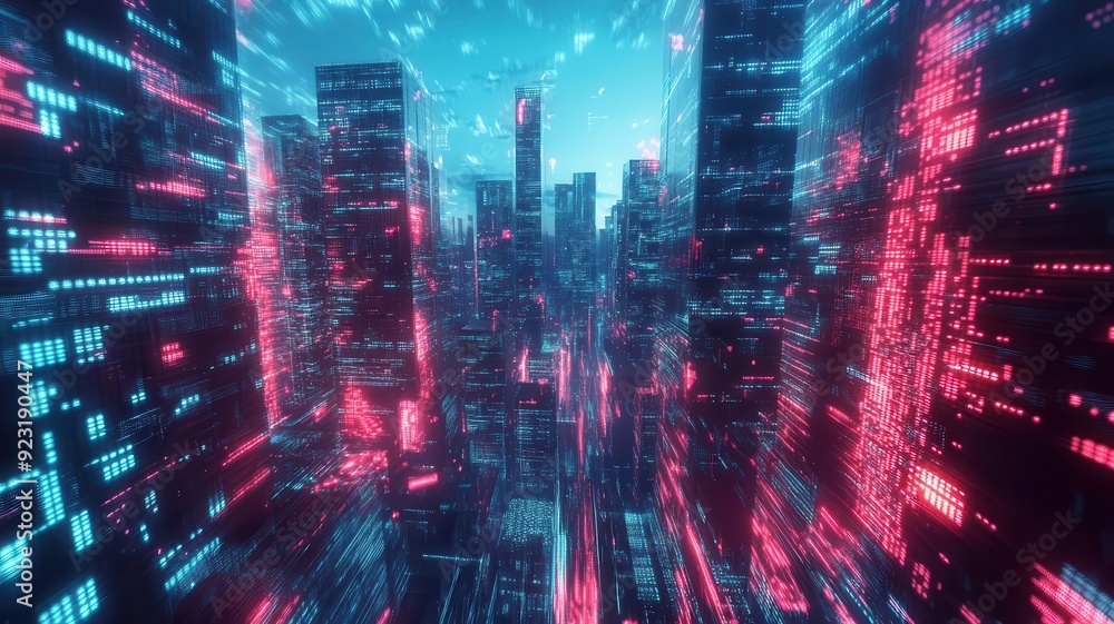Futuristic cityscape with skyscrapers illuminated by vibrant blue and pink lights, conveying a sense of technology and innovation. Futuristic cityscape with skyscrapers illuminated by vibrant blue and pink lights, conveying a sense of technology and innovation.