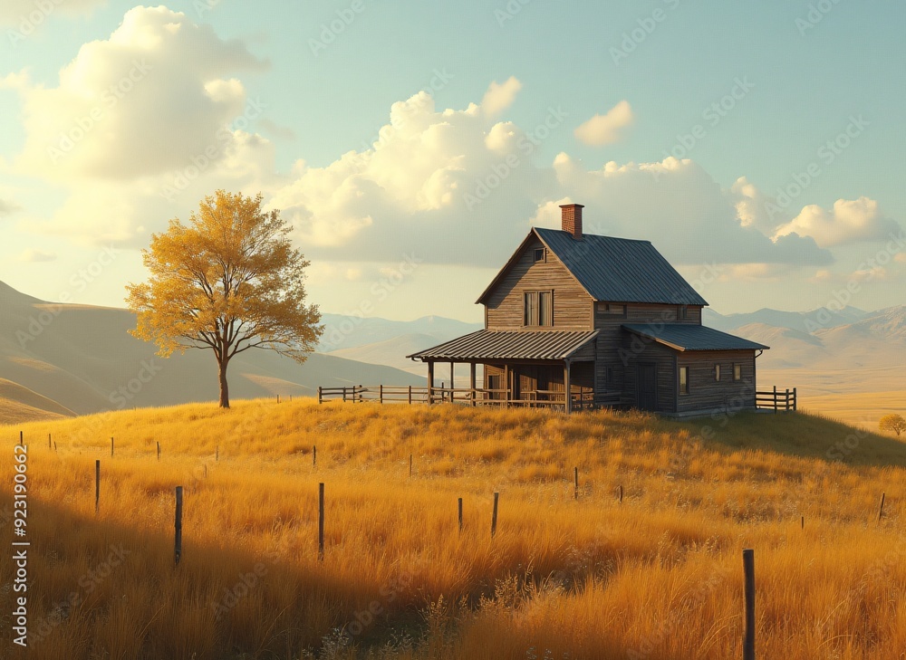 Serene farmhouse perched on golden hills, ideal for marketing, home decor, countryside lifestyle, inviting calm, copy space, seasonal warmth, nostalgia. Serene farmhouse perched on golden hills, ideal for marketing, home decor, countryside lifestyle, inviting calm, copy space, seasonal warmth, nostalgia.