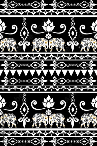 Black and white elephant classic damask pattern: vector illustration for elegant textile design, carpet, curtains, and clothing.