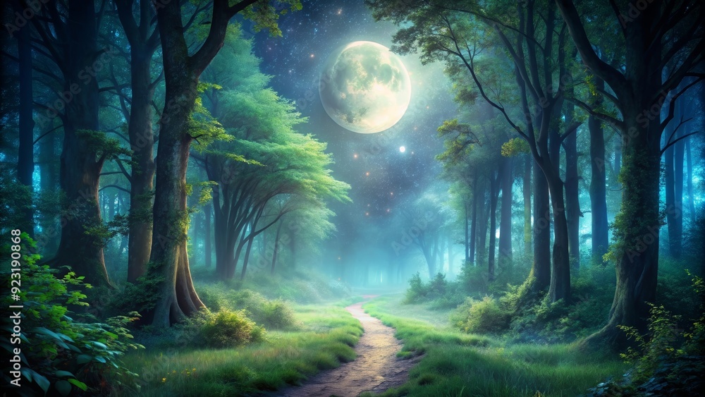 A mystical forest path illuminated by the glow of the moon, leading to a serene clearing, glowing, forest, path, moonlight A mystical forest path illuminated by the glow of the moon, leading to a serene clearing, glowing, forest, path, moonlight