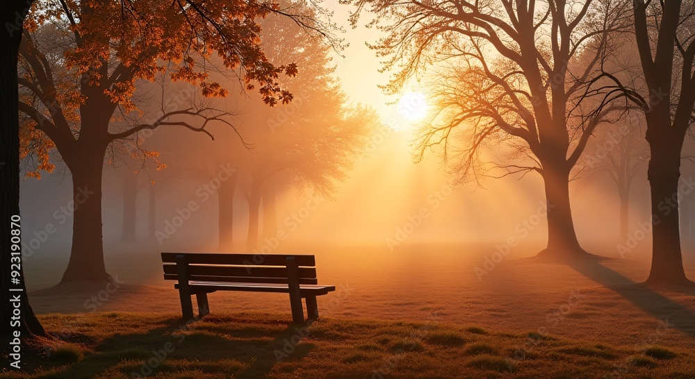 serene autumn park, bench bathed in sunlight, fog enveloping trees, peaceful atmosphere, perfect for marketing, education, and wellness industries, copy space available. serene autumn park, bench bathed in sunlight, fog enveloping trees, peaceful atmosphere, perfect for marketing, education, and wellness industries, copy space available.