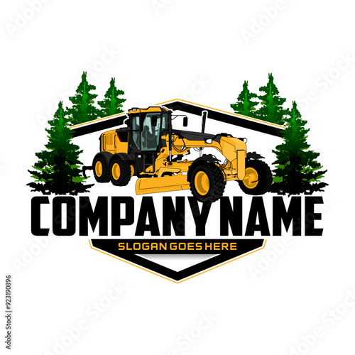Motor grader road heavy equipment vehicle logo on white background