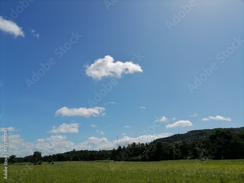 Beautiful clear blue sky background with soft white clouds on a sunny day