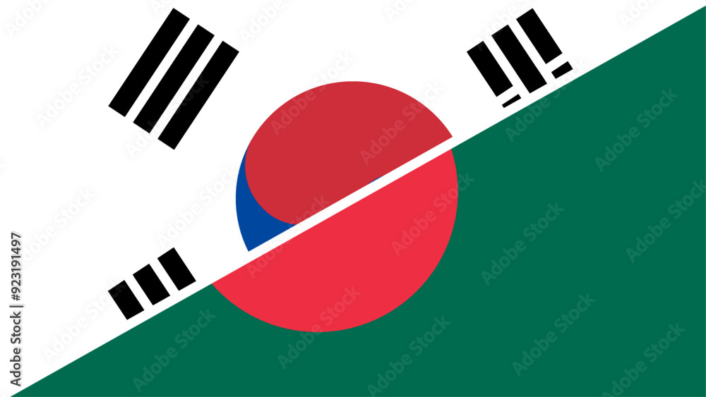 South Korea and Bangladesh flags combined in a split design, symbolizing international relations, global unity, and cultural exchange South Korea and Bangladesh flags combined in a split design, symbolizing international relations, global unity, and cultural exchange