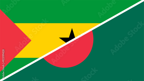 Sao Tomo Principe and Bangladesh flags combined in a split design, symbolizing international relations, global unity, and cultural exchange