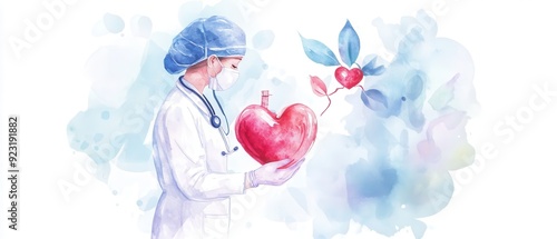 A healthcare professional holds a heart symbol, embodying care and compassion in a colorful, artistic portrayal of wellness.